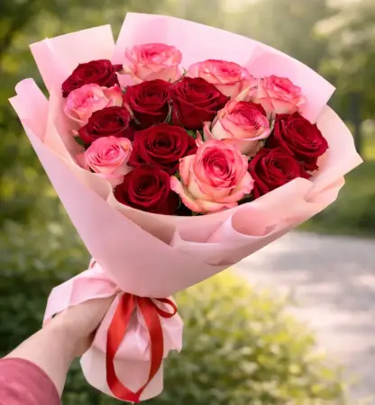 Букет из 15 красно-розовых роз